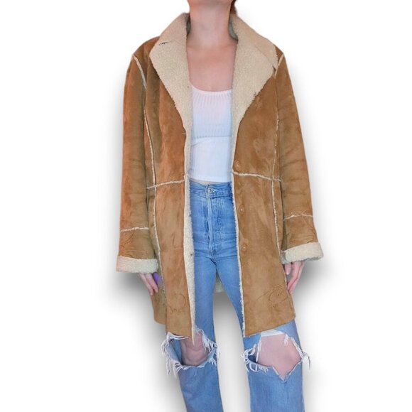 Vintage Faux Suede Sherpa Lined Embroidered Penny Lane Jacket Coat